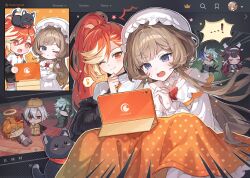  ! ... ...! 2girls arlecchino_(genshin_impact) blue_eyes brown_hair character_doll closed_mouth columbina_(genshin_impact) crossover doll dottore_(genshin_impact) genshin_impact hat highres hime_(crunchyroll) interlocked_fingers long_hair long_sleeves miho_(mymiho) multiple_girls musical_note one_eye_closed open_mouth orange_hair own_hands_clasped own_hands_together sandrone_(genshin_impact) sandrone_(the_final_gift)_(genshin_impact) sitting smile spoken_ellipsis spoken_exclamation_mark spoken_musical_note sweat tartaglia_(genshin_impact) v-shaped_eyebrows vocaloid white_hat yuzu_(crunchyroll) 