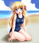  blonde_hair blue_eyes fortune_arterial long_hair neopure ribbon school_swimsuit sendou_erika swimsuit 