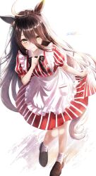  1girl ahoge animal_ears apron black_bow black_hair black_shoes blush bow closed_mouth commentary_request dress ear_tag earrings employee_uniform fast_food_uniform hair_between_eyes highres horse_ears horse_girl horse_tail jewelry kfc long_bangs long_hair long_hair_between_eyes looking_at_viewer manhattan_cafe_(umamusume) multicolored_hair official_alternate_costume red_dress shoes simple_background single_earring smile socks solo striped_clothes striped_dress tail umamusume vertical-striped_clothes vertical-striped_dress waist_apron white_apron white_hair white_socks ya-ya yellow_eyes 