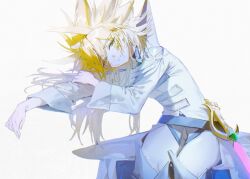  1boy alien_888 blonde_hair coat eyes_visible_through_hair facial_mark facing_to_the_side glowing glowing_sword glowing_weapon green_eyes hair_over_one_eye hair_slicked_back half-closed_eyes hand_on_own_arm head_rest high_collar highres invisible_chair invisible_table kuaidul_velgear leaning_to_the_side long_hair long_sleeves looking_to_the_side male_focus outstretched_arm pants sheath sheathed sitting sleeves_rolled_up spiky_hair sword weapon white_background white_coat white_pants yu-gi-oh! yu-gi-oh!_go_rush!! 