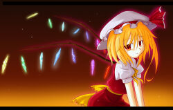  1girl blonde_hair commentary_request crystal_wings embodiment_of_scarlet_devil flandre_scarlet gradient_background hat kazawa_(tonzura-d) mob_cap outline red_eyes red_outline red_ribbon red_vest ribbon side_ponytail touhou vampire vest wings yellow_ribbon 