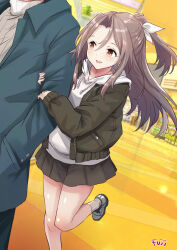  1boy 1girl arm_hug artist_name brown_eyes brown_hair commentary_request commission dutch_angle fuji_(pixiv24804665) grey_jacket grey_skirt hair_between_eyes high_ponytail hood hooded_sweater hoodie indoors jacket kantai_collection long_hair mall pleated_skirt ponytail skeb_commission skirt solo_focus sweater white_hoodie white_sweater zuihou_(kancolle) zuihou_(valentine)_(kancolle) 