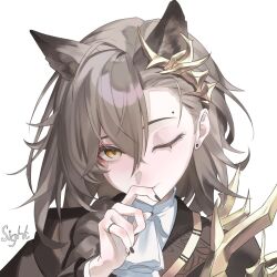  1girl absurdres animal_ears arknights ascot black_nails blush brown_jacket earrings extra_ears hair_ornament hand_up highres jacket jewelry looking_at_viewer mole mole_above_eye one_eye_closed penance_(arknights) portrait rayen_sight shirt signature simple_background smile solo stud_earrings white_ascot white_background white_shirt wolf_ears wolf_girl yellow_eyes 
