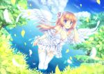  angel_wings bare_shoulders blonde_hair blue_eyes cloud clouds detached_sleeves dress feathers frills garter_straps leaf long_hair miyu_(botan) open_mouth original ribbon solo thigh-highs thighhighs wading water white_dress white_legwear wings 