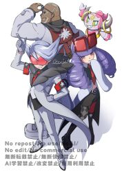  1girl 2boys arm_up armband black_shirt black_shoes coat commentary_request dark-skinned_male dark_skin eyewear_on_head gloves grey_coat grey_pants grey_shoes grin hand_on_own_hip hoopa hoopa_(confined) lear_(pokemon) multiple_boys necktie oooise pants pantyhose pointy_hair pokemon pokemon_(creature) pokemon_masters_ex purple_hair rachel_(pokemon) red-tinted_eyewear red_necktie sawyer_(pokemon_masters_ex) shirt shoes shorts signature smile standing sunglasses teeth tinted_eyewear watermark white_background 