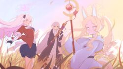  3girls :d ahoge ass bandage_on_leg bandaged_arm bandages black_coat black_gloves black_shorts blonde_hair blue_halo blush breasts capelet coat commentary_request cosplay dress dro_(eveveb_414) feet_out_of_frame fern_(sousou_no_frieren) fern_(sousou_no_frieren)_(cosplay) field fingerless_gloves flat_chest flower frieren frieren_(cosplay) from_side gloves gradient_eyes gradient_halo gradient_sky grey_hair hair_flower hair_ornament halo highres holding holding_staff hood hood_down hooded_coat jacket korean_commentary long_hair long_sleeves looking_at_viewer mage_staff medium_breasts mika_(blue_archive) mountain multicolored_eyes multicolored_halo multiple_girls nagisa_(blue_archive) one_side_up open_mouth orange_sky outdoors parted_bangs pink_eyes pink_hair pink_halo purple_flower purple_sky red_jacket seia_(blue_archive) shirt short_shorts shorts sidelocks sky smile sousou_no_frieren staff standing stark_(sousou_no_frieren) stark_(sousou_no_frieren)_(cosplay) striped_clothes striped_shirt sunset thighs turning_head twintails very_long_hair white_dress white_jacket white_shirt yellow_eyes yellow_halo 