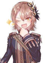  1girl :d ;d absurdres aiguillette barumukuchen black_coat blonde_hair coat curtained_hair diamond_hair_ornament epaulettes furrowed_brow hair_ornament hasumi_leia high_collar highres long_sleeves looking_at_viewer mahou_shoujo_no_majo_saiban one_eye_closed open_mouth sash short_hair shoulder_sash simple_background smile solo sparkle upper_body v-shaped_eyebrows white_background yellow_eyes 