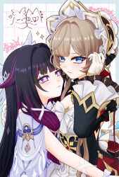  2girls amayoshisnsn black_hair blue_border blue_eyes blush bonnet border brown_hair closed_mouth columbina_(genshin_impact) commentary detached_sleeves dress genshin_impact gloves grid_background head_wings highres hug multicolored_hair multiple_girls purple_streaks sandrone_(genshin_impact) sparkle streaked_hair sweat violet_eyes white_bonnet white_dress white_gloves wings yuri 