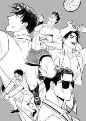  ball batman_(series) black_hair brothers bruce_wayne damian_wayne dc_comics dick_grayson father_and_child father_and_son highres jason_todd jumping mw_house open_mouth parent_and_child playing_sports shirt short_hair shorts siblings spiking swimsuit tim_drake volleyball_(object) volleyball_(sport) 