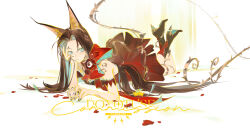  1girl absurdres animal_ear_fluff animal_ears beishan_qi blue_eyes boots bow bow_choker brown_boots brown_hair character_doll character_request chinese_commentary choker closed_mouth commentary_request commission copyright_request doll dress fingernails full_body grey_nails head_rest highres lips long_hair looking_at_viewer mihuashi_commission nail_polish neck_tattoo off-shoulder_dress off_shoulder parted_bangs red_dress solo_focus tattoo thorns very_long_hair watermark 