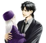  age_difference carrying child coat emiya_kiritsugu facial_hair fate/stay_night fate/zero fate_(series) father_and_daughter hat illyasviel_von_einzbern kagami_ei long_hair red_eyes short_hair silver_hair 