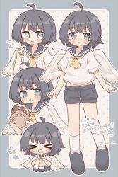  >_< 1girl :d :o :t @_@ absurdres ahoge angel_wings arms_at_sides black_hair black_shoes blue_border blue_eyes blue_sailor_collar blue_shorts blush border chibi closed_eyes closed_mouth colon_br commentary_request commission double_horizontal_stripe doughnut eating flying_sweatdrops food food_on_face full_body hand_up highres holding holding_donut holding_food looking_at_viewer neckerchief open_mouth original outline outside_border polka_dot polka_dot_background sailor_collar school_uniform serafuku shirt shoes short_hair short_sleeves shorts skeb_commission smile socks standing sweat white_background white_outline white_shirt white_socks white_wings wings xd yellow_neckerchief 