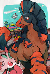  alolan_muk black_eyes blue_sky border bright_pupils clouds commentary_request kantarou_(8kan) litten lurantis magnemite mudsdale no_humans open_mouth pokemon pokemon_(creature) red_eyes sky white_border white_pupils 