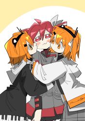  3girls a.i._voice adachi_rei adachi_rei_(vocaloid6) aeppeulp biting biting_cheek black_shirt commentary_request drill_hair dual_persona hair_ribbon highres hug jacket kasane_teto kasane_teto_(sv) korean_commentary lens_eye multiple_girls one_side_up open_clothes open_jacket orange_hair red_hair ribbon shirt synthesizer_v twin_drills utau vocaloid 
