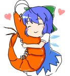  9rimson blue_hair blush_stickers bow cirno closed_eyes crustacean dress eyes_closed hair_bow heart hug ice ice_wings lowres no_nose short_hair shrimp smile solo touhou white_background wings 
