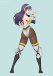  armor ass back_tattoo bare_shoulders blue_background boots breasts elbow_gloves fairy_tail gloves green_eyes hairband leotard long_hair looking_at_viewer looking_back pantyhose purple_hair ribbon sideboob tattoo thigh-highs thighhighs ultear_milkovich vasily_(run211) watermark 