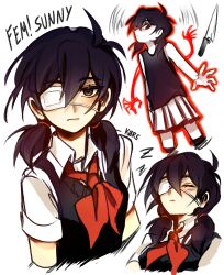  2girls antenna_hair artist_name black_eyes black_hair black_socks black_sweater_vest character_name closed_eyes closed_mouth collared_shirt colored_skin cropped_legs cropped_torso dual_persona eyepatch genderswap genderswap_(mtf) hair_between_eyes highres k0re_drawings kitchen_knife knife looking_at_viewer medical_eyepatch medium_hair multiple_girls neckerchief omori omori_(omori) outline red_neckerchief red_outline red_pupils shirt short_twintails skirt socks striped_clothes striped_skirt sunny_(omori) sweater_vest twintails vertical-striped_clothes vertical-striped_skirt white_background white_shirt white_skin white_skirt zzz 