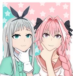  2boys :3 astolfo_(fate) astolfo_(sailor_paladin)_(fate) black_bow black_hairband black_trim blend_s border bow braid braided_ponytail calmthyhaste center_frills closed_mouth collared_shirt commentary_request contrast_collar fate/grand_order fate_(series) frills gloves green_eyes green_shirt grey_hair grin hair_between_eyes hair_bow hair_intakes hairband hand_on_own_chin hand_up kanzaki_hideri long_hair long_sidelocks looking_at_viewer low_ponytail multiple_boys multiple_traps neckerchief outline outside_border parted_lips pink_eyes pink_hair pink_neckerchief pink_sailor_collar ponytail portrait puffy_short_sleeves puffy_sleeves sailor_collar sanpaku school_uniform serafuku shirt short_sleeves side-by-side sidelocks smile star_(symbol) star_symbol_background stile_uniform stroking_own_chin teeth thinking trap two-tone_background white_border white_gloves white_outline white_shirt white_trim 