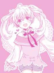  1girl :d ahoge baggy_shorts blue_shorts cowboy_shot dress frilled_shirt_collar frilled_sleeves frills heart heterochromia kuru_akari lace_background long_hair long_sleeves oekaki off-shoulder_dress off_shoulder open_mouth original pink_background pink_dress pink_hair puffy_long_sleeves puffy_sleeves shirt shorts smile solo tegaki twintails violet_eyes white_shirt 