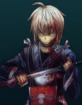  ahoge belt blood blood_on_face blood_on_hair bloody_clothes bloody_weapon choker glasses green_background katana long_sleeves male morichika_rinnosuke pi_kuro pouch reverse_grip sheath short_hair silver_hair simple_background solo sword touhou unsheathing weapon wiping yellow_eyes 