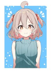 1girl ahoge alternate_hair_length_(shorter) blue_background blue_sweater blush border bright_pupils brown_eyes closed_mouth commentary_request eyelashes hair_between_eyes hair_ribbon highres keito4f notice_lines onii-chan_wa_oshimai! oyama_mahiro red_ribbon ribbon sleeveless sleeveless_sweater smile solo split_mouth sweatdrop sweater two_side_up white_border white_pupils 
