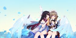  2girls absurdres bare_shoulders black_hair blue_eyes blue_wings blush bread brown_hair chinese_commentary ci_wen_jian_bu_cun_zai closed_eyes columbina_(genshin_impact) commentary_request cup eye_mask food genshin_impact gradient_hair head_wings highres holding holding_food holding_saucer long_hair looking_at_another mask multicolored_hair multiple_girls plate sandrone_(genshin_impact) saucer short_hair_with_long_locks sitting teacup white_headdress white_mask wings 