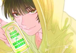  1boy bachira_meguru black_hair blue_lock can closed_mouth green_hoodie highres holding holding_can hood hood_up hoodie light_smile looking_at_viewer male_focus n_ssrz pairing_name short_hair signature simple_background solo white_background 