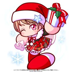  1girl arm_up artist_request black_shirt box brown_hair commentary_request copyright_notice frilled_skirt frills fur-trimmed_headwear fur-trimmed_shirt fur_trim gift gift_box hat hat_ornament holding holding_gift holding_sack hoshimiya_yuuki jikkyou_powerful_pro_yakyuu jikkyou_powerful_pro_yakyuu_(style) jikkyou_powerful_soccer multicolored_shoes neck_ribbon no_mouth official_art one_eye_closed plaid_clothes plaid_skirt rayman_limbs red_eyes red_hat red_ribbon red_shoes ribbon sack santa_costume santa_hat shirt shoes short_hair skirt smile snowflakes solo star_(symbol) star_hat_ornament translation_request two-tone_shoes white_shoes 