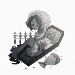  1girl architecture back_bow bare_shoulders bouquet bow closed_mouth coffin colored_eyelashes commentary cracked_face cracked_skin dress fence flower frilled_dress frilled_hairband frilled_sleeves frills ghost_tail gothic_architecture gradient_eyes grey_hair hair_bow hair_ribbon hairband in_coffin lace lace-trimmed_bow lace-trimmed_sleeves lace_trim lips lolita_hairband long_sleeves looking_back multicolored_eyes naiguozi no_pupils original petals ribbon rose rose_petals sitting untranslatable_commentary white_background white_bow white_dress white_eyelashes white_flower white_hairband white_ribbon white_rose wide_sleeves 