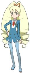 1girl bad_id blonde_hair blue_dress blue_pantyhose bow dress drill_hair hair_bow hand_on_own_hip heriyama luna_platz_(mega_man) mega_man_(series) mega_man_star_force_(series) pantyhose simple_background smile twin_drills twintails white_background
