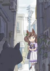  1girl alley animal_ears bag bow bowtie breasts brown_hair building cat condenser_unit ear_bow ear_covers ear_ribbon green_bow highres horse_ears horse_girl horse_tail koshiba_taiyaki medium_hair multicolored_hair nice_nature_(umamusume) outdoors parted_lips pleated_skirt power_lines puffy_short_sleeves puffy_sleeves purple_bow purple_bowtie purple_shirt sailor_collar sailor_shirt school_bag school_uniform shirt short_sleeves skirt solo streaked_hair tail thigh-highs tracen_school_uniform twintails umamusume utility_pole white_sailor_collar white_skirt white_thighhighs 