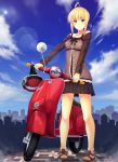  ahoge bare_shoulders blonde_hair blue_sky building casual cloud clouds fate/hollow_ataraxia fate/stay_night fate_(series) green_eyes hair_ribbon helmet highres holding kanata_(pixiv1305983) lens_flare motor_vehicle payot pigeon-toed pleated_skirt ribbon saber sandals scooter short_hair skirt sky smile solo vehicle vespa 