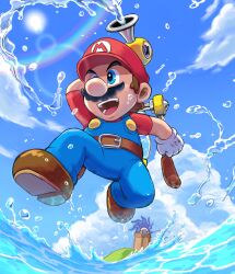  1boy blue_eyes blue_overalls blue_sky brown_hair brown_shoes clouds day f.l.u.d.d. facial_hair ferris_wheel full_body gloves hat highres hill large_nose mario mustache ocean open_mouth outdoors overalls red_hat red_shirt running shirt shoes short_hair short_sleeves sky smile splashing super_mario_bros. super_mario_sunshine teeth water white_gloves yamari_(ya_mari_6363) 