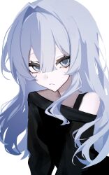  1girl black_sweater bra_strap breasts grey_eyes grey_hair hair_between_eyes hair_intakes highres long_hair looking_at_viewer nemu_runa original simple_background single_bare_shoulder single_off_shoulder single_sidelock small_breasts solo sweater upper_body white_background 