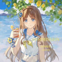  1girl arm_at_side bang_dream! bang_dream!_it's_mygo!!!!! bare_arms blue_eyes blue_flower blue_sailor_collar blue_sky branch brown_hair closed_mouth clouds cloudy_sky commentary commission crop_top cropped_shirt cup day drinking_glass drinking_straw flower food fruit fruit_tree hair_flower hair_ornament hand_up highres holding holding_cup hu_pi_xuan_jiao lemon lemon_slice light_smile long_hair mountainous_horizon nagasaki_soyo neckerchief ocean outdoors parted_bangs sailor_collar shirt sky solo standing straight_hair summer tea tree upper_body very_long_hair white_shirt yellow_neckerchief 