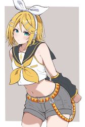  1girl aqua_eyes arms_behind_back bare_shoulders belt black_sailor_collar black_sleeves blonde_hair bow breasts cowboy_shot detached_sleeves grey_shorts hair_ornament hairclip headphones headset highres kagamine_rin looking_at_another looking_at_viewer midriff navel neckerchief parallel_hairclips puteme sailor_collar shirt short_hair shorts sleeveless sleeveless_shirt small_breasts treble_clef vocaloid white_bow white_shirt yellow_belt yellow_neckerchief yellow_trim 