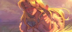  1girl absurdres blonde_hair blue_eyes blue_sailor_collar coat commentary curtained_hair danganronpa_another dead_finch english_commentary flower fur_coat highres holding holding_flower long_hair long_sleeves magorobi_emma neckerchief one_eye_closed red_flower sailor_collar school_uniform smile solo super_danganronpa_another_2 wavy_hair 