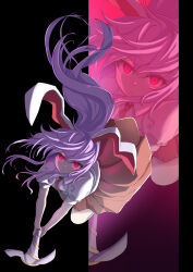  1girl absurdres animal_ears black_background closed_mouth commentary guminemi highres holding long_hair looking_at_viewer lunatic_gun necktie pink_skirt puffy_short_sleeves puffy_sleeves purple_hair rabbit_ears rabbit_girl red_eyes red_necktie reisen_udongein_inaba shirt short_sleeves skirt solo touhou very_long_hair white_shirt zoom_layer 