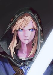  1boy absurdres black_background black_capelet blonde_hair blue_eyes blue_tunic capelet champion's_tunic_(zelda) closed_mouth commentary_request eyelashes glowing glowing_sword glowing_weapon gradient_background highres hood hood_up jun_(navigavi) korean_commentary link lips looking_at_viewer making-of_available male_focus nose ponytail portrait serious sidelocks solo straight-on the_legend_of_zelda the_legend_of_zelda:_breath_of_the_wild tunic weapon 