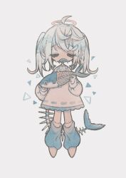  1girl animal animal_print blue_leg_warmers bone closed_eyes collared_dress commentary_request dress fins fish fish_in_mouth fish_print fish_skeleton fish_tail frilled_dress frilled_dress_collar frills halo holding holding_animal holding_fish kneehighs leg_warmers long_hair long_sleeves naiguozi original puffy_long_sleeves puffy_sleeves shoes single_fishnet_legwear socks tail tears triangle twintails white_background white_dress white_hair white_halo white_shoes white_socks 