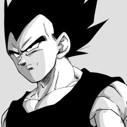  1boy 1rasutotoukou black_eyes black_hair black_tank_top close-up dragon_ball dragon_ball_z frown grey_background greyscale highres looking_to_the_side monochrome muscular muscular_male serious solo spiky_hair tank_top toriyama_akira_(style) widow's_peak 