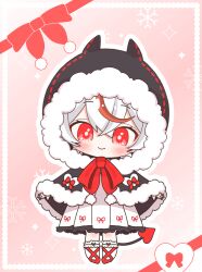  1girl absurdly_long_hair ahoge amanogawa_shiina_(artist) animated animated_gif black_bow black_capelet black_horns black_tail blush bow bow_legwear bowtie capelet chibi chibi_only closed_mouth crossed_bangs demon_horns demon_tail dress dress_bow drill_hair fangs frilled_dress frilled_socks frills full_body fur-trimmed_capelet fur-trimmed_hood fur_trim hair_bow heart highres hood hood_down hood_up horned_hood horns huge_ahoge long_hair looking_at_viewer multicolored_hair multiple_expressions official_alternate_costume official_art open_mouth outline phase_connect pleated_dress pom_pom_(clothes) raised_inner_eyebrows red_background red_bow red_bowtie red_eyes red_shoes red_streaks red_tail remilia_nephys remilia_nephys_(remi_1.0) shoes short_dress sidelocks simple_background slideshow_animation snowflakes socks solo sparkle standing streaked_hair striped_bow tail third-party_source twin_drills twintails very_long_hair virtual_youtuber white_dress white_hair white_outline white_socks winter_clothes 