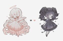  2girls angel angel_wings ankle_lace-up black_bow black_dress black_hair black_shoes bow closed_eyes closed_mouth cross-laced_clothes cross-laced_dress curly_hair demon_girl demon_horns demon_tail demon_wings detached_sleeves dot_mouth dress dress_bow frilled_dress frills grey_bow grey_eyes hair_bow halo heart horns lace lace-trimmed_dress lace_trim long_hair multiple_girls multiple_hair_bows naiguozi one_eye_closed original pink_bow puffy_detached_sleeves puffy_short_sleeves puffy_sleeves shoes short_sleeves smile sparkle strapless strapless_dress striped_bow tail twintails very_long_hair white_background white_bow white_hair white_shoes wings 