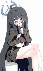  1girl absurdres black_gloves black_hair black_jacket blue_archive blue_halo commentary_request crossed_legs glasses gloves halo hands_on_own_face highres jacket korean_commentary long_hair long_sleeves nem_ren shirt shouko_(blue_archive) simple_background sitting solo thighs very_long_hair white_background white_shirt 