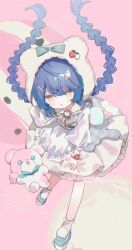  1girl :o absurdres alternate_costume amamiya_kokoro animal_hood artist_name bear_hood blue_hair blue_shoes braid commentary_request dress eringikinono food food-themed_hair_ornament fruit gradient_background hair_ornament highres hood ice_cream_hair_ornament layered_dress long_hair looking_at_viewer nijisanji pink_background platform_shoes puffy_sleeves shoes solo strawberry stuffed_animal stuffed_toy teddy_bear twin_braids virtual_youtuber white_background white_dress yellow_eyes 