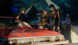  4girls against_railing aircraft animal_ears arknights black_shirt blonde_hair blue_hair breasts car ch'en_(arknights) choker convertible cross cross_choker curtained_hair dragon_girl dragon_horns drill_hair drill_sidelocks green_eyes green_hair gun hand_in_pocket handgun helicopter highres holding holding_gun holding_weapon horns hoshiguma_(arknights) jacket leaning_against_vehicle lever_action long_hair looking_at_another mask medium_breasts motor_vehicle mouth_mask multiple_girls night ninja_mask oni outdoors pants parted_bangs railing red_eyes revolver rifle shirayuki_(arknights) shirt short_hair shuidao_yanjiu sidelocks single_horn skin-covered_horns slouching sunglasses swire_(arknights) tiger_ears tiger_girl watermark weapon weasel_ears weasel_girl weibo_username weibo_watermark white_hair 