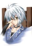  bridal_gauntlets bust chair choker collarbone glasses long_sleeves looking_at_viewer male morichika_rinnosuke nozomi_tsubame short_hair silver_hair solo touhou yellow_eyes 