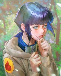  1girl absurdres black_hair blue_hair blurry blurry_background blush brown_hoodie commentary english_commentary eyelashes forehead_protector gradient_hair highres hood hood_down hoodie hyuuga_hinata konohagakure_symbol long_sleeves looking_at_viewer multicolored_hair naruto_(classic) naruto_(series) open_mouth short_hair solo tree upper_body vijoux 