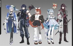  2boys 3girls absurdres alternate_costume anastasya_feodorovna_snezhnaya asymmetrical_legwear black_gloves black_pantyhose black_shoes black_shorts blue_dress blue_hair closed_mouth coat crunchyroll dress feathered_wings full_body genshin_impact gloves grey_background grey_hair grey_pantyhose hat highres hime_(crunchyroll) jacket leg_warmers long_sleeves looking_at_viewer midriff multiple_boys multiple_girls navel noy_(genshin_impact) odette_(genshin_impact) open_clothes open_jacket open_mouth pantyhose papajay_(jennygin2) parted_lips pointy_ears shoes short_sleeves shorts simple_background smile standing uneven_legwear valeriy_(genshin_impact) violet_eyes white_gloves white_hat white_leg_warmers white_pantyhose white_wings wings winter_clothes winter_coat 