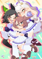 3girls ahoge animal_ears bandaid bandaid_on_cheek bandaid_on_face biwa_hayahide_(umamusume) black_hair blue_eyes blush bnw_(umamusume) bow bowtie breasts brown_hair brown_shoes closed_mouth frown glasses grey_hair hair_between_eyes hair_ornament hairclip highres horse_ears horse_girl horse_tail hug long_hair multiple_girls narita_taishin_(umamusume) one_eye_closed open_mouth pleated_skirt puffy_short_sleeves puffy_sleeves purple_bow purple_bowtie purple_shirt red-framed_eyewear red_eyes sailor_collar sailor_shirt school_uniform semi-rimless_eyewear shinsei_tomato shirt shoes short_hair short_sleeves skirt smile tail teeth thigh-highs tracen_school_uniform umamusume under-rim_eyewear upper_teeth_only white_sailor_collar white_skirt white_thighhighs winning_ticket_(umamusume) yellow_eyes 